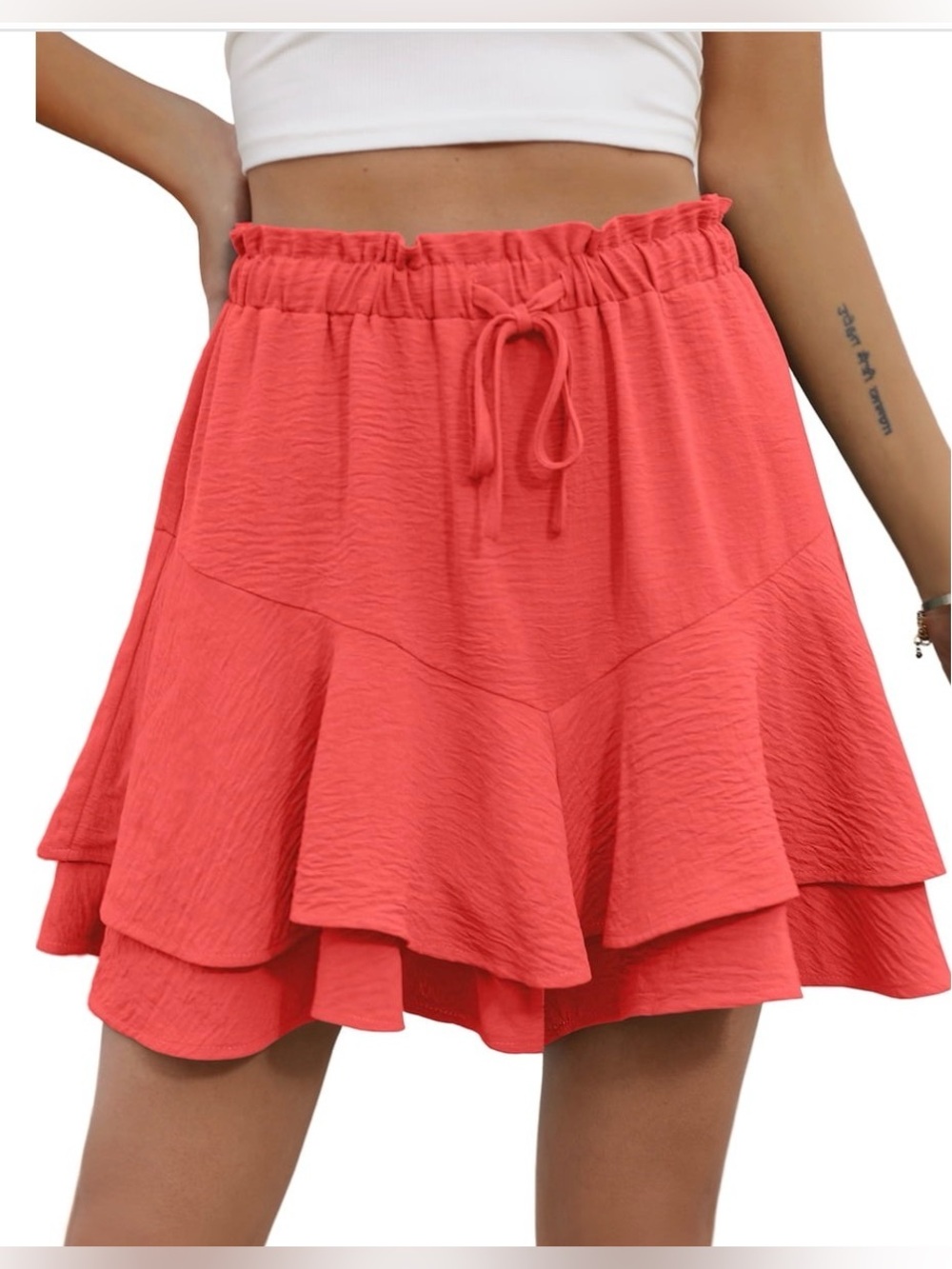 Cueply Women's Flowy Mini Ruffle Tiered Skort - orange red - size small
